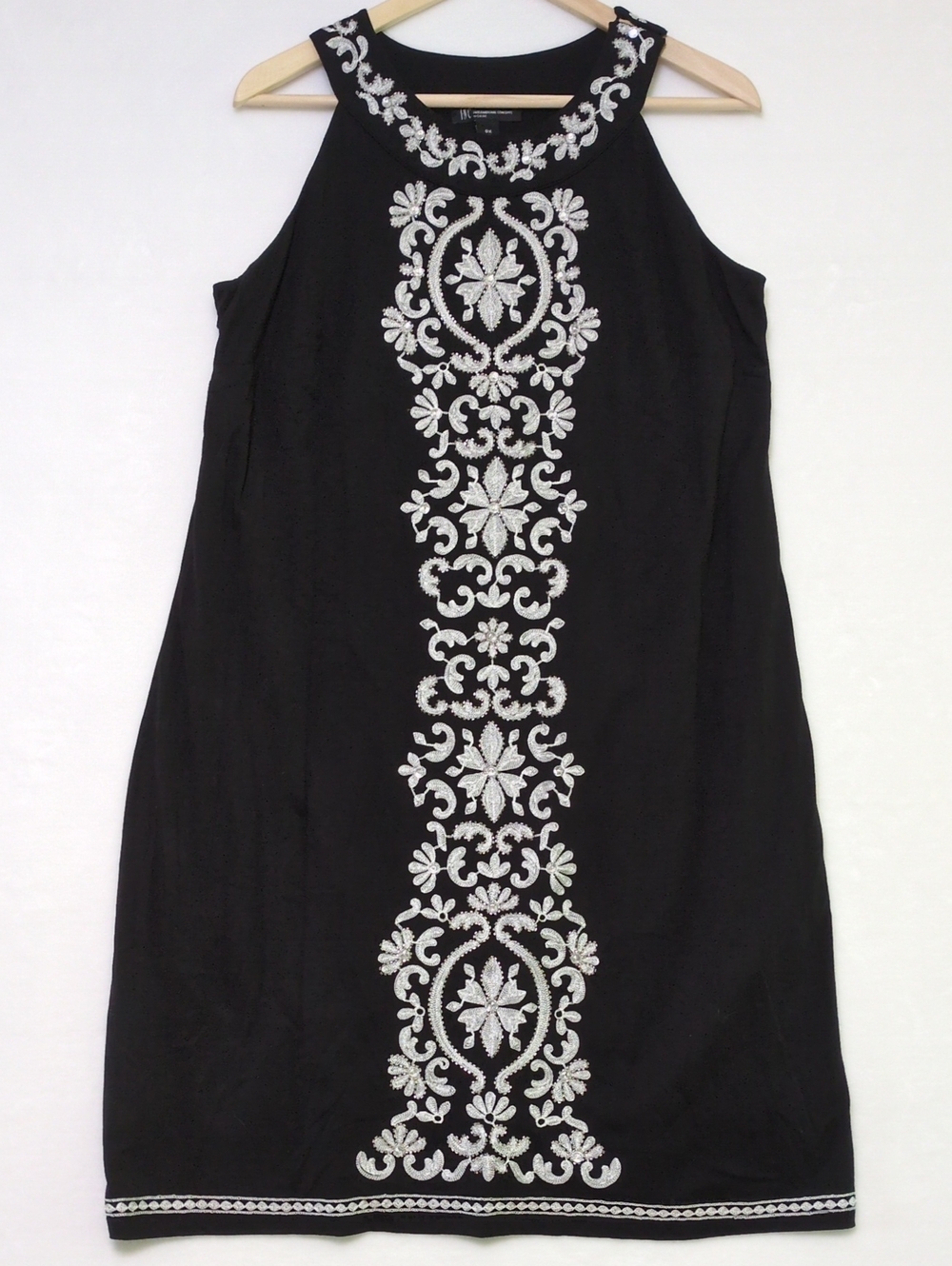 INC Black Embroidered Beaded Halter Dress 0X Plus Pima Cotton Modal Midi